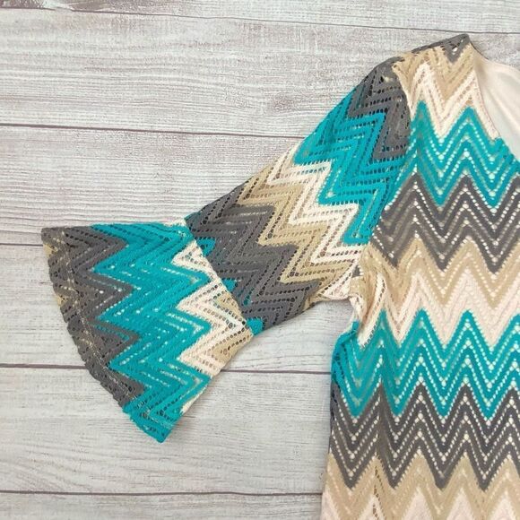 Tacera open knit fully lined 3/4 bell sleeve chevron print dress women sz Med - Picture 6 of 14